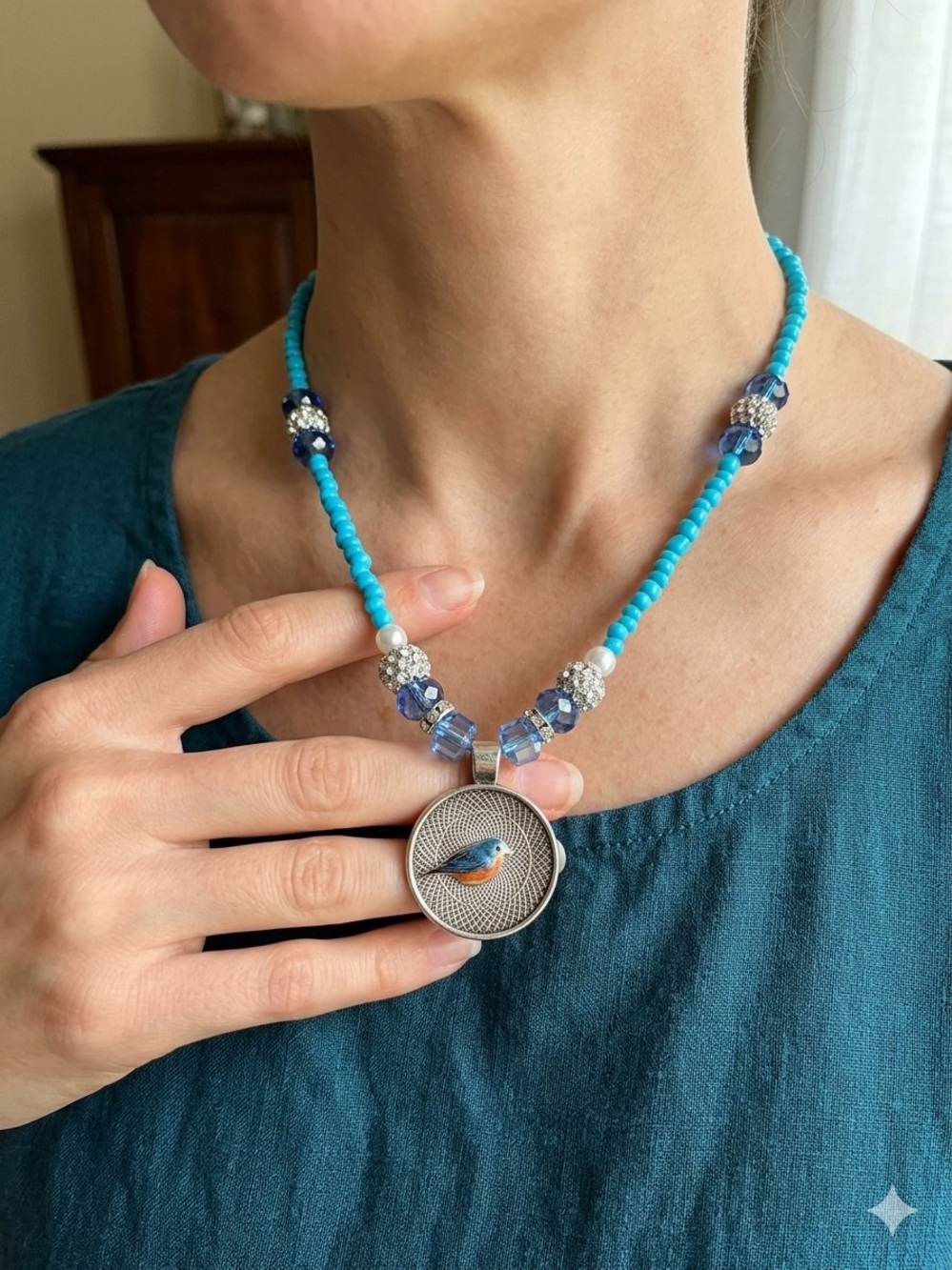 Turquoise and Blue Beaded Necklace with Bird Pendant